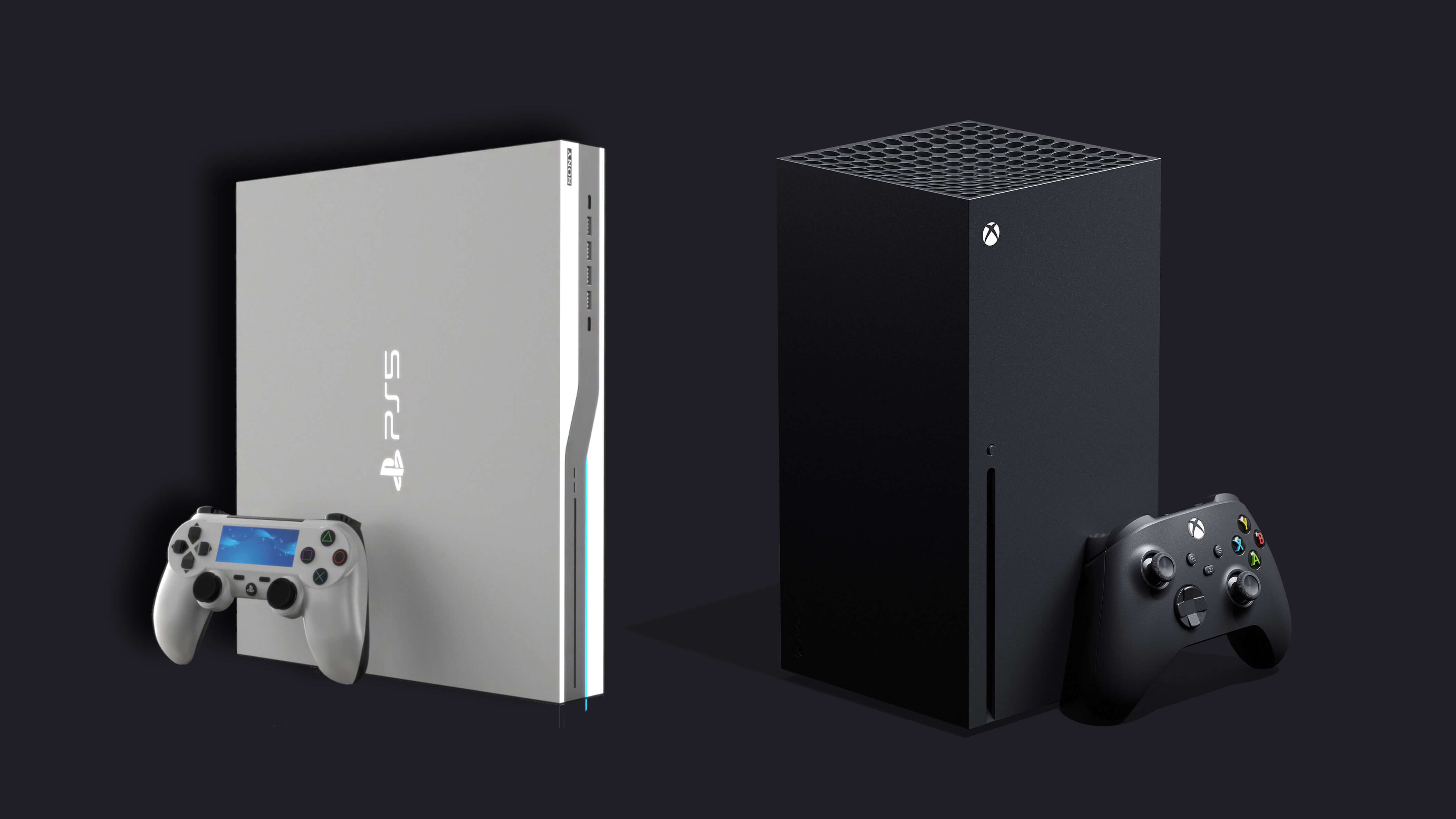 Perbandingan Xbox Series X dengan PS5 dari segi bentuk dan warna.